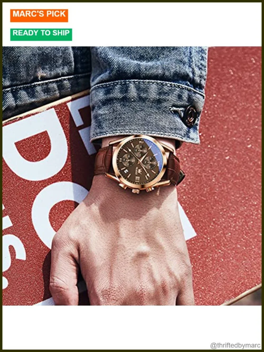 Men's Casual Leather Watch, Big Face Chronograph, Water Resistant Date Analog